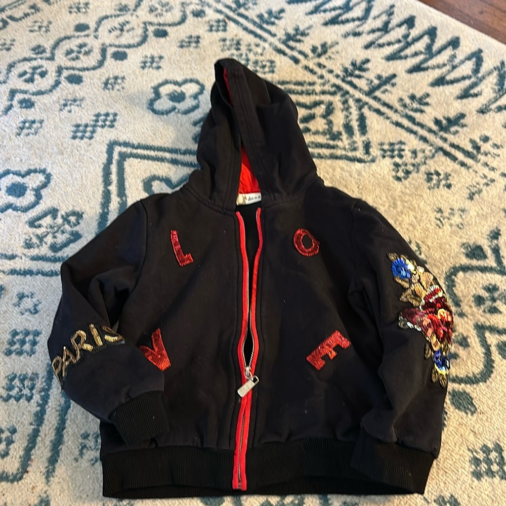 Doe a Dear brand - black hoodie with sequins - Love, Paris, flowers